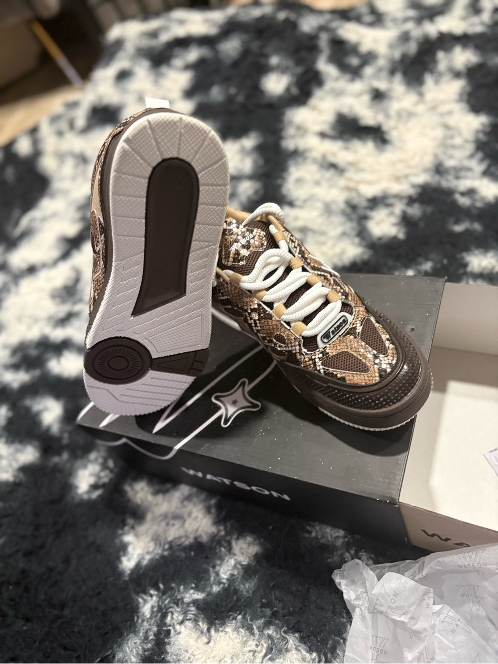 Men's Brown Snake-Print Lace-Up Sneakers with White Accents